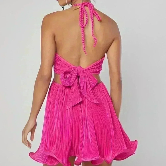 Hot Pink Sexy Women's Plisse Tie Backless Halter Dress - Picture 2 of 8